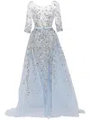 Saiid Kobeisy Beaded Tulle Belted Gown In Blue