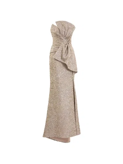 Saiid Kobeisy Brocade Bow Maxi Dress In Brown