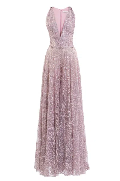 Saiid Kobeisy Brocade V-neck Maxi Dress In Pink