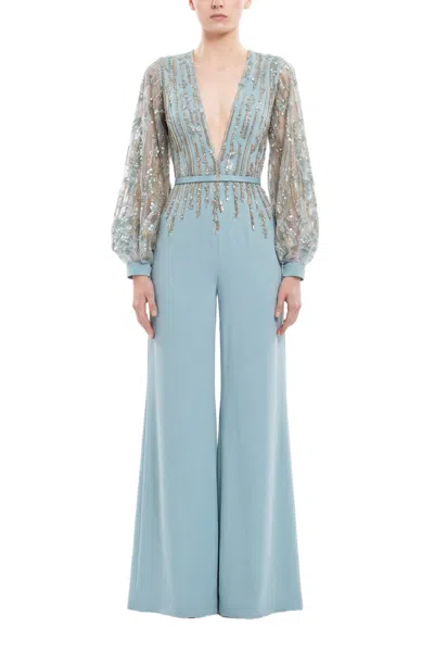 Saiid Kobeisy Beaded V-neck Belted Jumpsuit In Blue