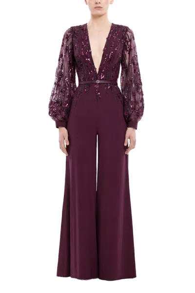 Saiid Kobeisy Beaded V-neck Belted Jumpsuit In Purple