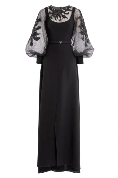 Saiid Kobeisy Crepe Dress With Envelope Skirt And A Beaded Top And Sleeves In Black