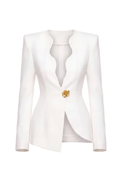 Saiid Kobeisy Crepe Fitted Jacket With Sculpted Plunge Neckline And Gold Floral Clasp In White