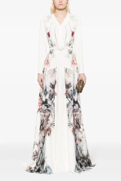 Saiid Kobeisy Crepe Flowers Printed Kaftan With V Neckline In White