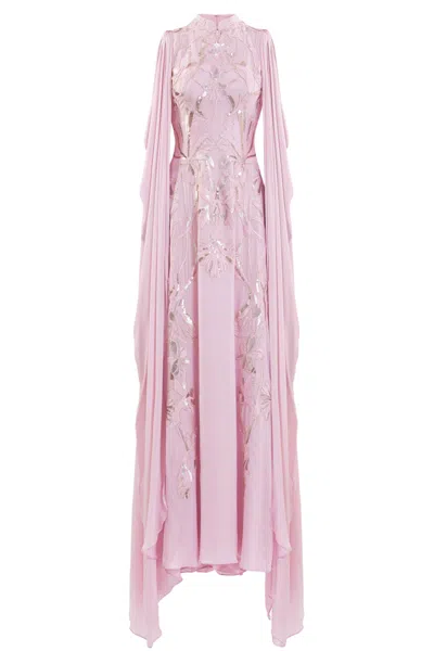 Saiid Kobeisy Crepe Georgette Dress With Draped Sleeves In Pink