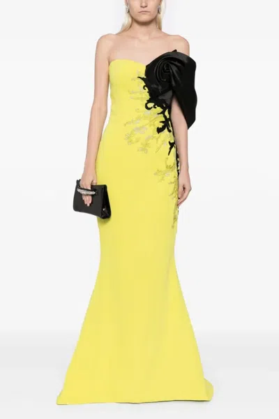 Saiid Kobeisy Crepe Gown With Mikado One Sided, Off The Shoulder Sleeve In Multi