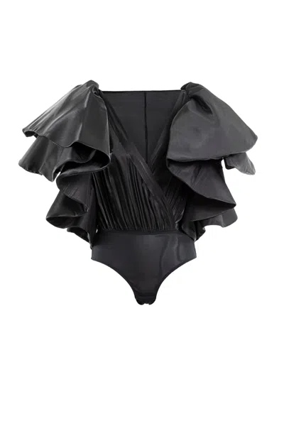 Saiid Kobeisy Deep V-neck Ruffled Satin Bodysuit In Black