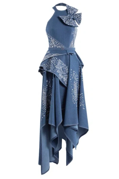 Saiid Kobeisy Denim Dress With Dotted Embroidery In Green