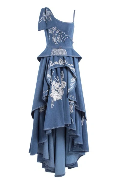 Saiid Kobeisy Denim Dress With Floral Embroidery In Green