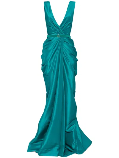 Saiid Kobeisy Draped-detail Belted Taffeta Dress In Green