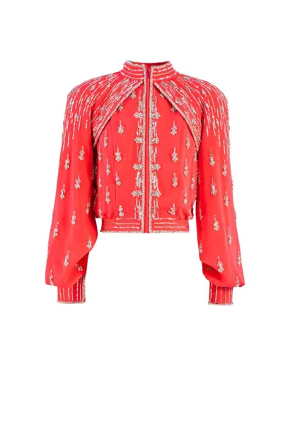 Saiid Kobeisy Embellished Coral Bomber Jacket In Red