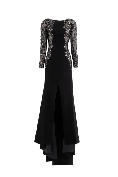 Saiid Kobeisy Embellished Crepe Long Dress With Sheer Sleeves And Sequined Detail In Black