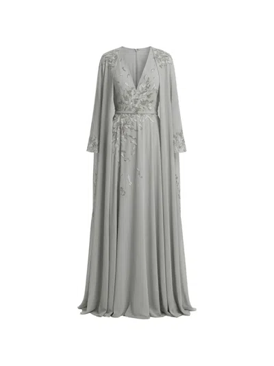 Saiid Kobeisy Embroidered Cape V-neck Dress In Gray