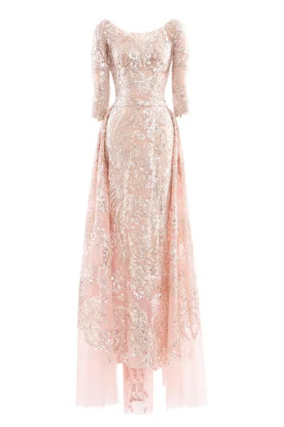 Saiid Kobeisy Embroidered Long Dress With Overskirt In Pink