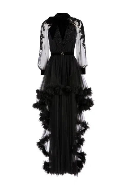 Saiid Kobeisy Embroidered Tulle Dress With Ruffles In Black