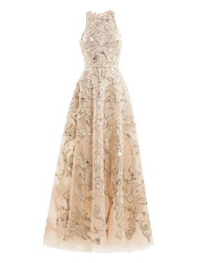 Saiid Kobeisy Embroidered Tulle Long Dress In Brown