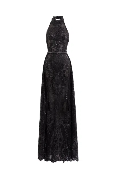 Saiid Kobeisy Floor-length Embroidered Lace Dress With Halter Neckline And A-line Overskirt In Black