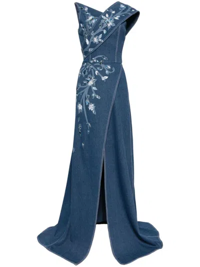 Saiid Kobeisy Floral-print Denim Maxi Dress In Blue