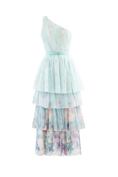 Saiid Kobeisy Floral Printed One-shoulder Dress In Blue