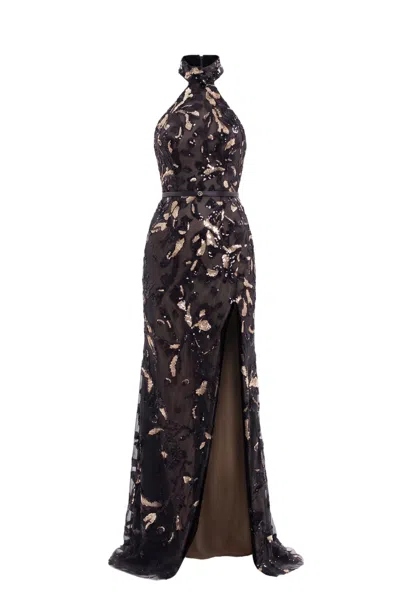 Saiid Kobeisy Halter-neck Embroidered Tulle Maxi Dress In Black