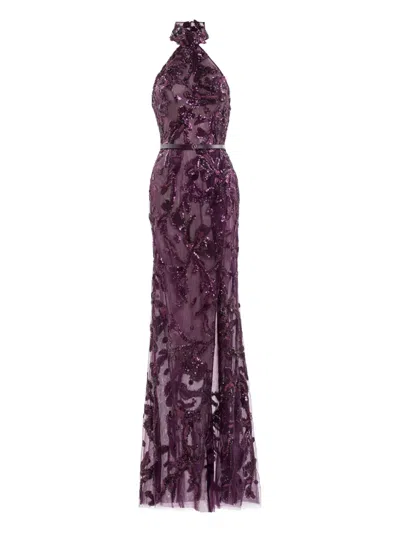 Saiid Kobeisy Halter Neck Embroidered Tulle Dress In Burgundy