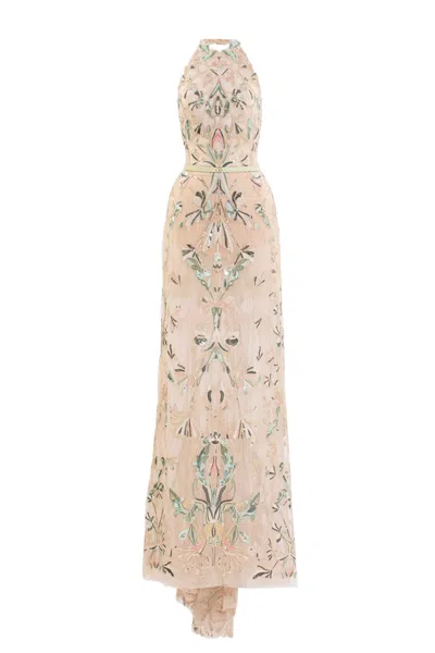 Saiid Kobeisy Halter-neck Lace Dress With Intricate Dandelion Embroidery In Neutral