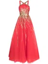 Saiid Kobeisy Tulle Beaded Dress With Halter Neckline In Red