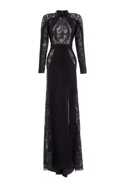 Saiid Kobeisy Intricate Embroidered Lace Evening Dress With High Neckline In Black