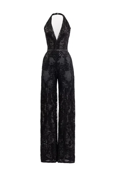 Saiid Kobeisy Intricate Embroidered Lace Jumpsuit With Flowing Cape In Black