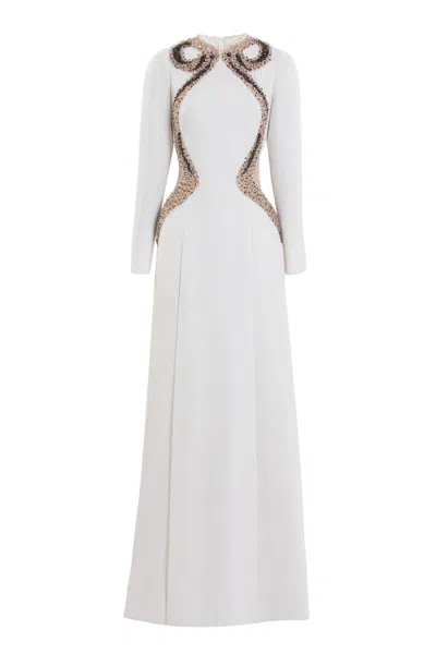 Saiid Kobeisy Ivory Crepe Gown With Intricate Metallic Embroidery And Sheer Details In White