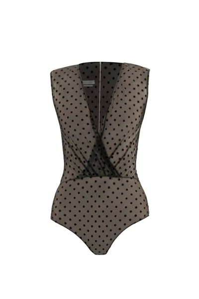 Saiid Kobeisy Jet Black Dotted Tulle Bodysuit In Brown