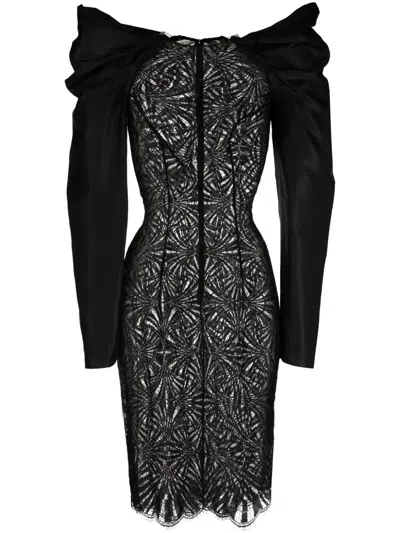 Saiid Kobeisy Lace-panel Shantung Midi Dress In Black