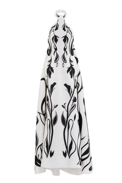 Saiid Kobeisy Laser Cut Scuba Halter Neck Dress With Bold Organic Motifs In Neutral