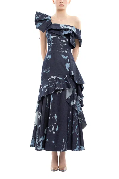 Saiid Kobeisy Layered Printed Denim Midi Dress In Blue
