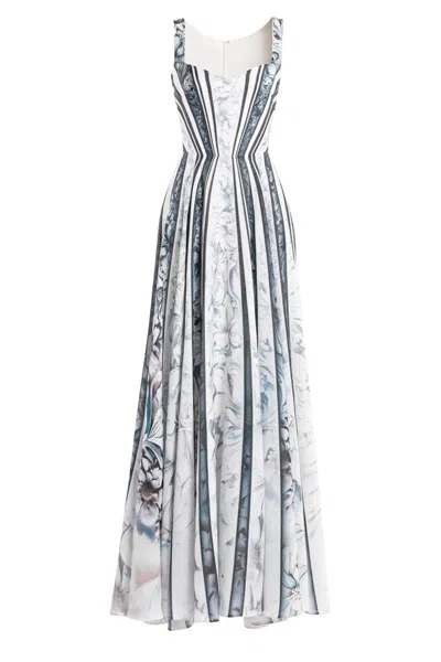 Saiid Kobeisy Linen Printed Dress With Striped, Floral Print In Blue