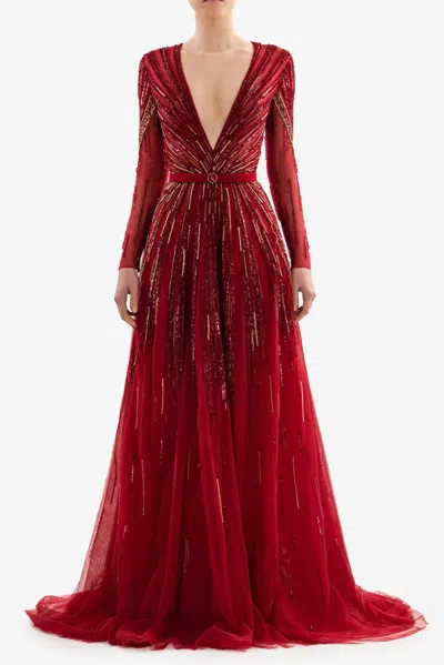 Saiid Kobeisy Long- Sleeve Beaded Gown In Multi