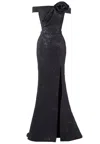 Saiid Kobeisy Long Brocade Dress With A Thin Belt In Black