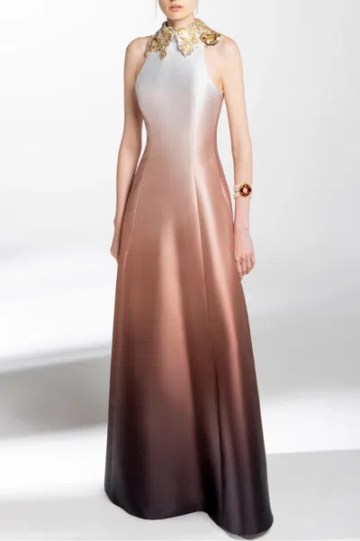 Saiid Kobeisy Mikado Gradient Printed Gown With Beaded Collar In Multi