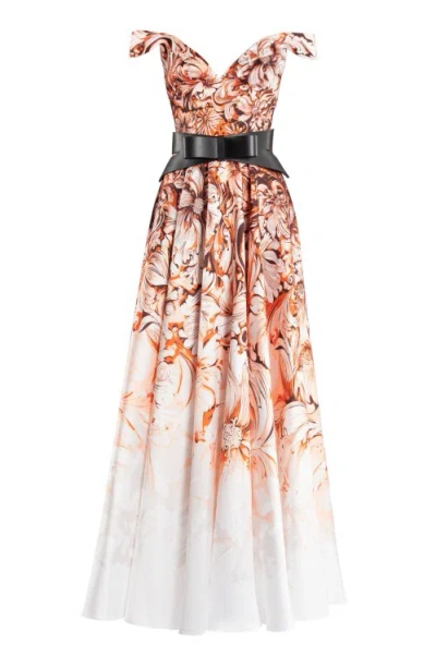 Saiid Kobeisy Mikado Printed Dress With Off-shoulder Sleeves In Pink