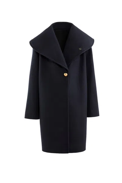 Saiid Kobeisy Navy Blue Wool Coat With Dramatic Lapel In Black