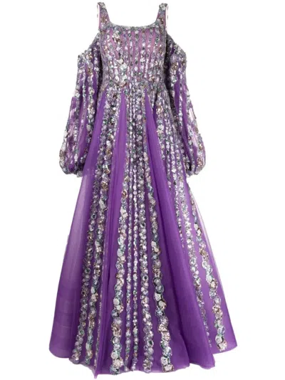 Saiid Kobeisy Off-shoulder Beaded Dress With Shoulder Straps In Purple