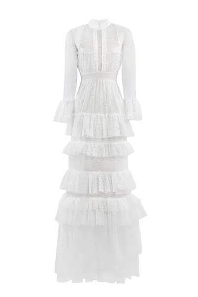 Saiid Kobeisy Off-white Lace Maxi Dress With Gathered Skirt And Long Sleeves