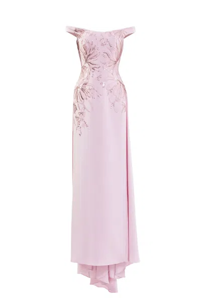Saiid Kobeisy Off-shoulder Crepe Dress With Cascading Embroidery In Pink