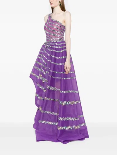 Saiid Kobeisy One-shoulder Beaded Tulle Dress In Purple