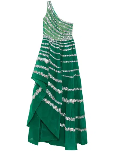Saiid Kobeisy One Shoulder Asymmetric, Beaded Dress In Green