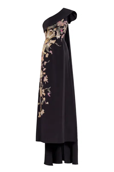 Saiid Kobeisy One-shoulder Floral-embroidered Evening Dress In Black