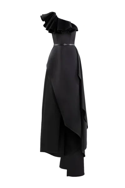 Saiid Kobeisy One-shoulder Velvet And Satin Dress In Black