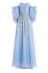 Saiid Kobeisy Organza Gown With Beading And Off Shoulder Sleeves In Blue