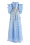 Saiid Kobeisy Organza Dress With Dotted Beading And Pleated Of-shoulder Sleeves In Multi