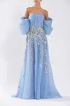 Saiid Kobeisy Organza Dress With Dotted Beading And Pleated Of-shoulder Sleeves In Multi